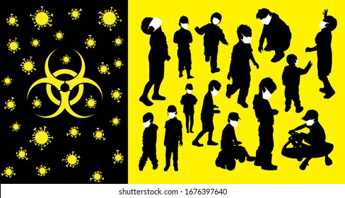 Coronavirus vector concept. Children with masks on their faces. Vector silhouettes of kids and children. Kids in the park