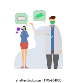 Coronavirus vector concept: doctor explaning the importance of face mask and google glasses to avoid getting infected with the Covid-19