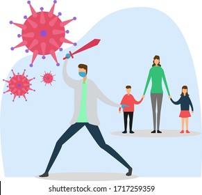 Konzept der Coronavirus-Vektorillustration, bei dem der Arzt große rote Viruskeime mit Schwert bekämpfen und gleichzeitig seine Familie auf weißem Hintergrund mit blauen Farbtönen schützen kann