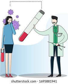 Coronavirus vector concept with doctor giving his female patient big thermometer for measurement, isolated in white background with purple germs icons