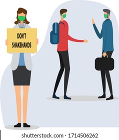 Coronavirus vector concept with doctor holding cardboard written "Don't Shake Hands" while her two businessmen patients greeting each other without physical contact