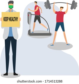 Coronavirus vector concept with doctor holding cardboard written "Keep Clean" while his other two patients working out in the white background with gray shades