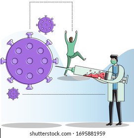 Coronavirus vector concept with doctor injecting big purple viruses while his patient running away, isolated in white background