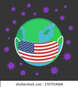 Coronavirus vector concept: The earth  wearing United States of America flag face mask surrounded by Covid-19