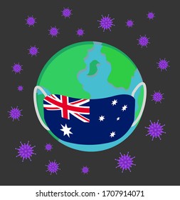 Coronavirus vector concept: The earth  wearing Australian flag face mask surrounded by Covid-19