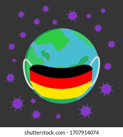 Coronavirus vector concept: The earth  wearing Germany flag face mask surrounded by Covid-19