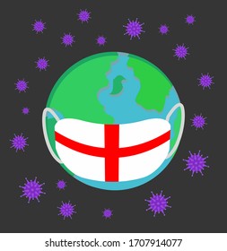 Coronavirus vector concept: The earth  wearing England flag face mask surrounded by Covid-19