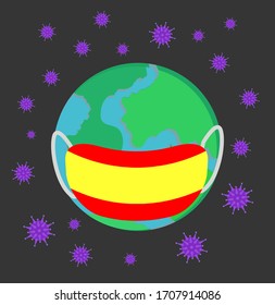 Coronavirus vector concept: The earth  wearing Spain flag face mask surrounded by Covid-19