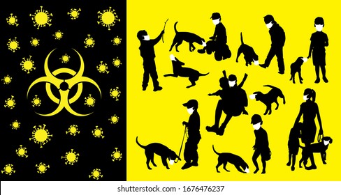 Coronavirus vector concept. Family with masks on their faces. Vector silhouettes of kids and children. Kids and family with dog