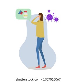 Coronavirus vector concept: female figure thinking of which medicine to by while standing next to Covid-19