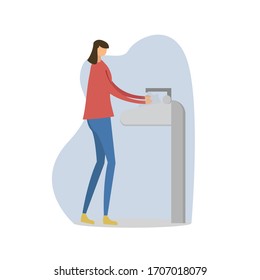 Coronavirus vector concept with female figure standing while washing her hands with a sink, isolated in white background with blue shades