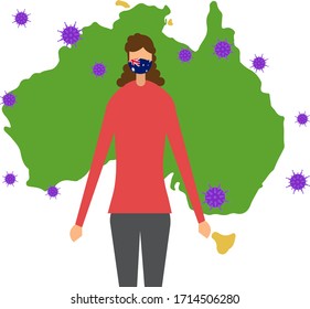 Coronavirus vector concept: female figure wearing Australian flag face mask, while standing in Australia map surrounded by Covid-19