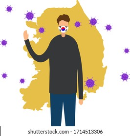 Coronavirus vector concept: female figure wearing South Korean flag face mask, while standing in front of South Korean map surrounded by Covid-19