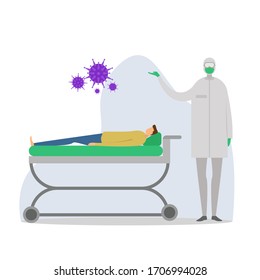 Coronavirus vector concept: figure in hazmat suit showing and explaining coronavirus while his/her patient lying on the bed