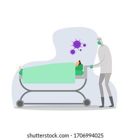 Concepto de vector de coronavirus con una figura que lleva traje de neblina mientras acompaña a su paciente tumbado en la cama; aislado en fondo blanco con tonos grises e iconos gérmenes púrpura