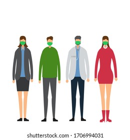Coronavirus vector concept:  group of people figures standing and wearing face mask to avoid Covid-19