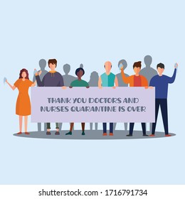 Coronavirus vector concept: happy crowd of people holding their own face masks and a purple gratitude sign written "Thank You Doctors And Nurses, Quarantine Is Over" 