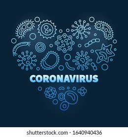 Coronavirus vector concept linear heart blue illustration on dark background