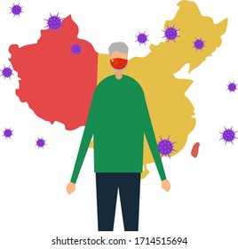 Coronavirus vector concept: male figure wearing Chinese flag face mask, while standing in front of China map surrounded by virus