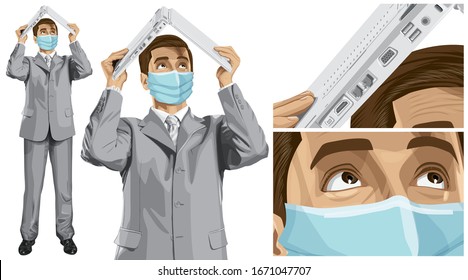 Coronavirus vector concept. Man with mask on his face. 
Vector business man hides under the laptop in his hands