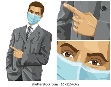 Coronavirus vector concept. Man with mask on his face.  Vector business man show something with his finger