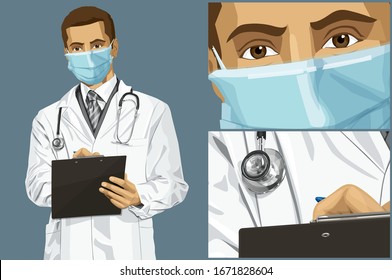 Coronavirus vector concept. Man with mask on his face. Vector doctor man writing something with marker on clipboard