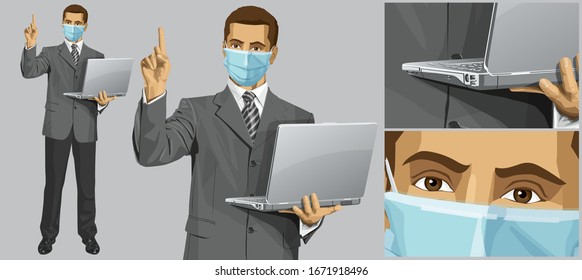 Coronavirus vector concept. Man with mask on his face. Idea concept. Vector business man shows something with his finger
