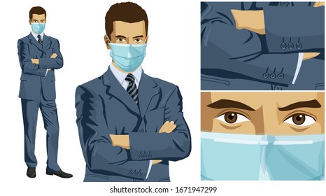 Concepto del vector Coronavirus. Hombre Con Máscara En La Cara. Hombre De Negocios Con Una Longitud Completa, Mirando La Cámara, Con Manos Dobladas
