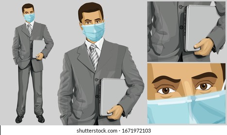 Coronavirus vector concept. Man with mask on his face. Vector business man in suit with laptop in his hands