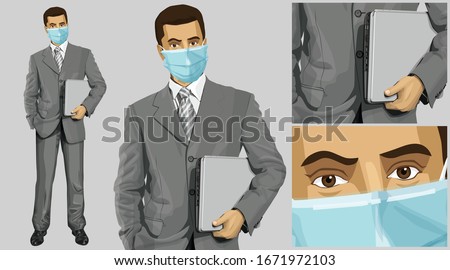 Coronavirus vector concept. Man with mask on his face. Vector business man in suit with laptop in his hands