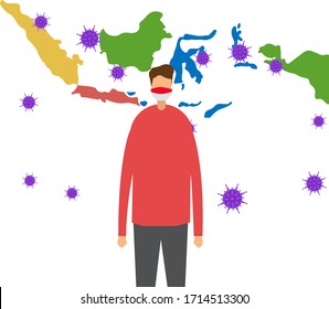 Concepto de retrato vectorial Coronavirus con figura masculina usando máscara facial de bandera indonesia, mientras está de pie en Indonesia fondo de campo con gérmenes morados voladores