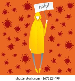 Coronavirus vector concept. Man In Yellow Raincoat with mask on his face. Man With Streamer Poster And Inscription Help