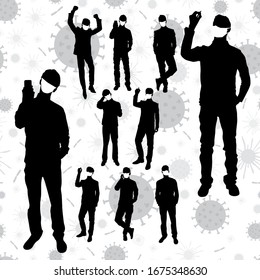 Coronavirus vector concept. Men with masks on their faces. Vector silhouettes of business people in different poses. People silhouette set