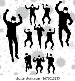 Concepto vector Coronavirus. Hombres con máscaras en la cara. Siluetas vectoriales de gente de negocios en diferentes poses. Conjunto de siluetas de la gente