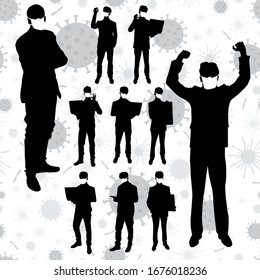 Coronavirus vector concept. Men with masks on their faces. Vector silhouettes of business people in different poses. People silhouette set