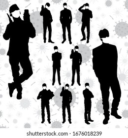 Coronavirus vector concept. Men with masks on their faces. Vector silhouettes of business people in different poses. People silhouette set