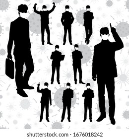 Coronavirus vector concept. Men with masks on their faces. Vector silhouettes of business people in different poses. People silhouette set