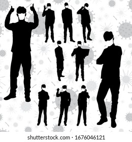 Coronavirus vector concept. Men with masks on their faces. Vector silhouettes of business people in different poses. People silhouette set