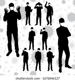 Coronavirus vector concept. Men with masks on their faces. Vector silhouettes of business people in different poses. People silhouette set