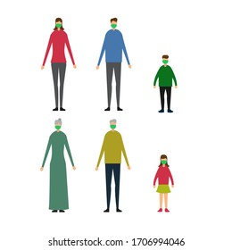 Coronavirus vector concept: three generation family with grandparents, parents and children figures standing and wearing face mask to avoid Covid-19