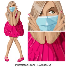 Coronavirus vector concept. Woman with mask on her face. Sale concept. Vector surprised blonde in pink dress