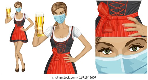 Coronavirus vector concept. Woman with mask on her face. Vector cute woman in drindl on oktoberfest with beer