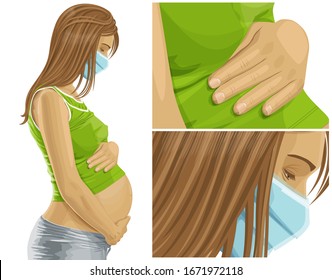 Coronavirus vector concept. Woman with mask on her face. Vector pregnant female with tummy, waiting for new life