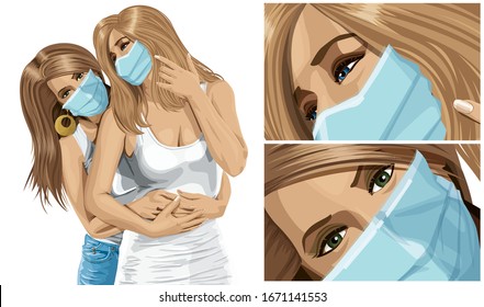 Coronavirus vector concept. Women with masks on their faces. Vector gay couple. Two European happy woman