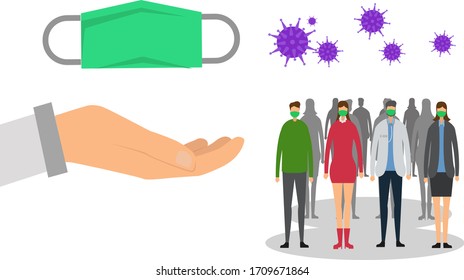 Coronavirus vector: Doctor's hand gives the crowd a face mask. A recommendation to always use a facemask to prevent the spread of Covid-19