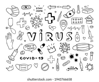 Coronavirus vector hand drawn doodle set. Health care icons on white background isolated. Covid-19 pandemic illustration.