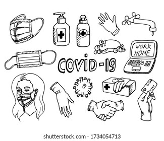 Coronavirus vector hand drawn doodles over white background. 
Depicted are masks, gloves, gloved hands, a hand with a credit card, a laptop, sanitizers, a girl in a mask, a water tap, a virus.