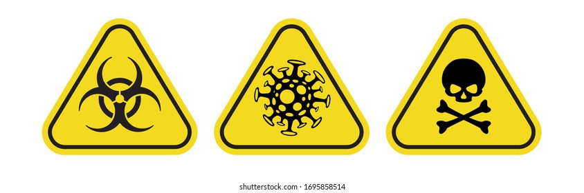 Coronavirus vector icon, Bio hazard symbol, Toxic emblem isolated on white background. Danger warning triangle yellow sign. 10 eps