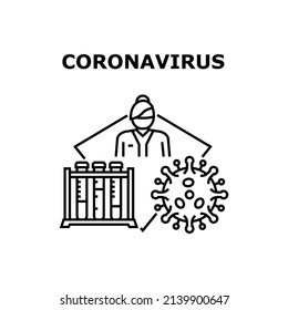 Coronavirus Vector Icon Concept. Coronavirus Epidemic Disease And Treatment, Laboratory Worker Researching Virus Microbe And Doctor Treat Patient. Covid-19 Infection Pandemy Black Illustration