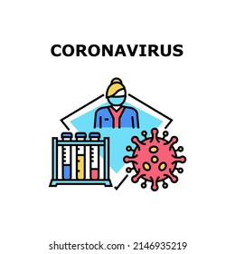Coronavirus Vector Icon Concept. Coronavirus Epidemic Disease And Treatment, Laboratory Worker Researching Virus Microbe And Doctor Treat Patient. Covid-19 Infection Pandemy Color Illustration